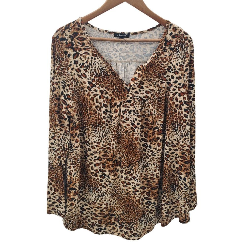 A. Jesdani Womens Cheetah Print Tunic Top Blouse Sz 2X V-Neck‎ Brown Long Sleeve